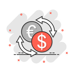 Currency exchange icon in comic style. Dollar euro transfer cartoon vector illustration on white isolated background. Financial process splash effect business concept.