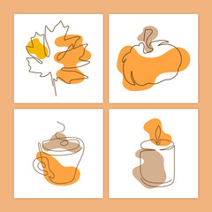 Collection of One Line Art Posters Autumn Theme and Vibes Pumpkin Leaf Candle Coffee Cup