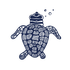 A hand drawn sea turtle on a white background. Vector isolated illustration. Ocean dweller in the style of doodles. Design of the sea element.