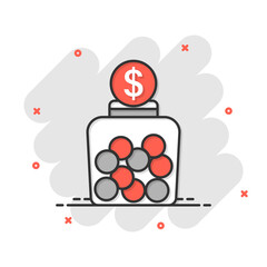 Money box icon in comic style. Coin jar container cartoon vector illustration on white isolated background. Donation moneybox splash effect business concept.