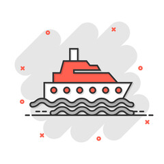 Obraz premium Tourism ship icon in comic style. Fishing boat cartoon vector illustration on white isolated background. Tanker destination splash effect business concept.