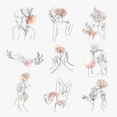 Woman’s gesture line art vector feminine pastel illustration collection - obrazy, fototapety, plakaty