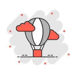 Air balloon icon in comic style. Aerostat cartoon vector illustration on white isolated background. Flying transport splash effect business concept.