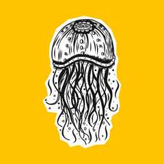 Cute hand drawn jellyfish. Marine theme. Modern vector illustration. Sticker, poster, postcard, menu, textile design