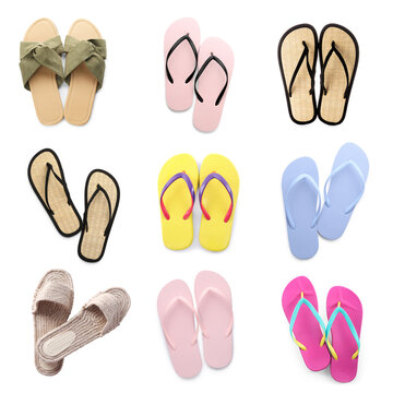 Set with pairs of stylish flip flops on white background, top view