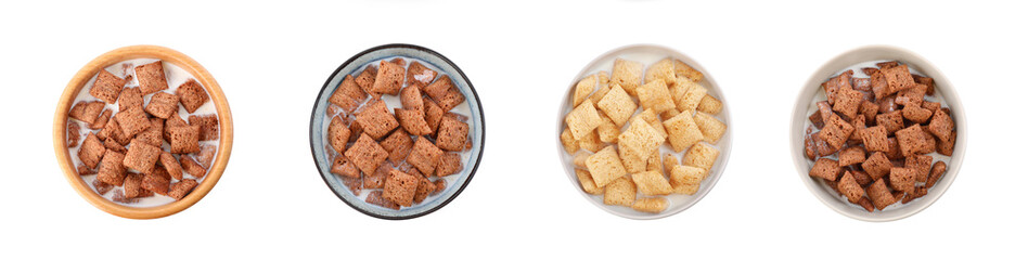 Tasty corn pads with milk in bowls on white background, collage. Banner design