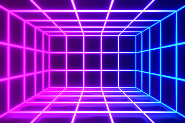 Obraz premium 3D Rendering Illustration. Futuristic Modern Grid With Purple And Blue Glowing Neon Square Shape Empty Space Wallpaper Background