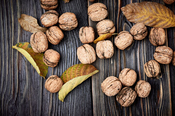 Whole walnuts lie next to yellow fallen leaves on a rustic old wooden table. Harvest walnuts.
