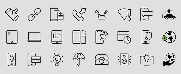 GADGET Set of vector icons of smart devices such as laptop, tablet, protection program, phone, digital network, thin line vector gadget icons, editable stroke