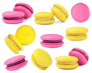 Set with different delicious macarons on white background