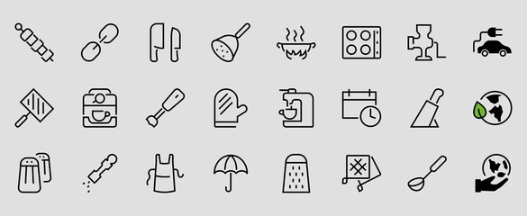 KITCHEN ICON Cooking process, Kitchen tools, Icon set, thin line vector has a blender, oven, knife, grater, barbecue, apron, barbecue, grill, coffee machine, kitchen glove, Editable stroke