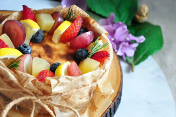 Close up Variety Fruits on Top of New York Cheesecake