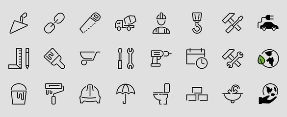 Set of construction icons, simple vector lines, contains the following icons: builder, roller, hammer with wrench, toilet bowl and much more. Editable stroke. 48x48 pixels perfect, white background