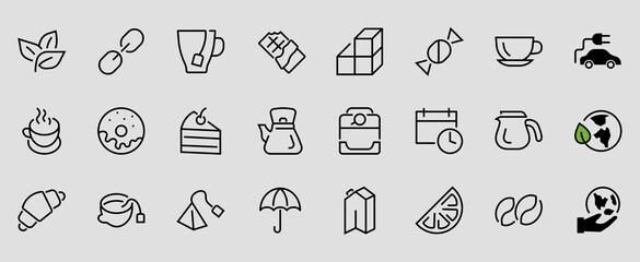 COFFEE and TEA LINEAR ICONS SET, contains Icons of tea, tea bag, Coffee machine, cake, sugar, teapot, cup, milk, cream, Lemon, chocolate bar, LINEAR ICONS Editable stroke
