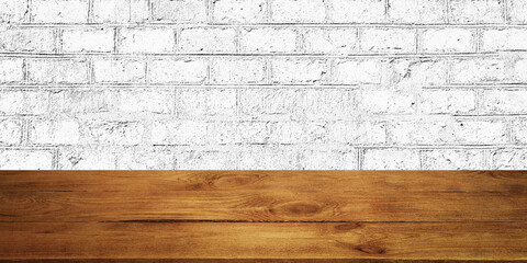 The background is blank wooden boards and a textured brick wall with lighting and vignetting.