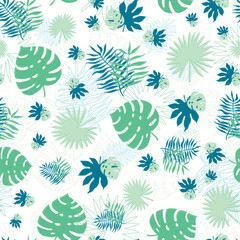 Floral tropical seamless pattern. Green palm leaves, simple line-art vector texture.