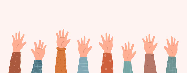 Hands up flat style vector illustration. Protest, greeting, voting or collaboration concept banner.