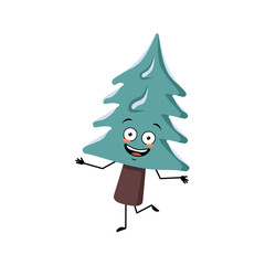 Cute Christmas tree with happy emotions, dancing, smile, hands and legs. Pine with eyes. New year festive decoration, joyful fir