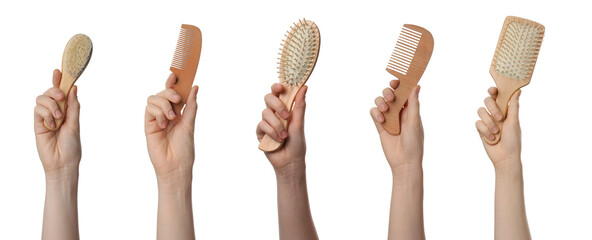 Collage with photos of women holding different eco friendly items on white background, closeup. Conscious consumption