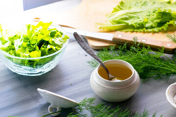olive oil salt salad sliced on a cutting board on the table