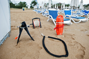 Lifesaver at the Sunny Beach on Black Sea in Bulgaria. Summer vacation travel holiday.