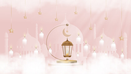 Eid Mubarak card Traditional Islamic lantern,Crescent moon and Star on pink background,Vector background for Islamic religions,Ramadan Kareem,Eid al fitr,Eid al Adha,Happy Muharram,Islamic new year