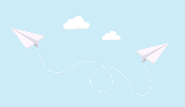 Airplane. White paper airplane with shadow in the sky. Airplane on a blue background. Way, direction. 3D Vector Illustrations. Web banner