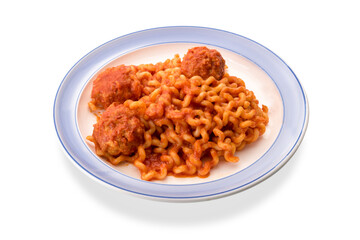 Long fusilli with hole, pasta from Gragnano, Italy with meatballs in tomato sauce in blue edged dish, isolated on white