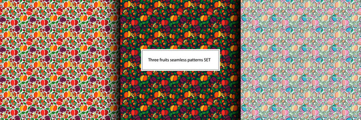 Set with three oneline fruits seamless patterns.Vector hand drawn healthy food backgrounds