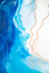Part of original resin art, epoxy resin painting. Marble texture. Fluid art for modern banners, ethereal graphic design. Abstract ethereal gold, bronze, blue and white swirl.