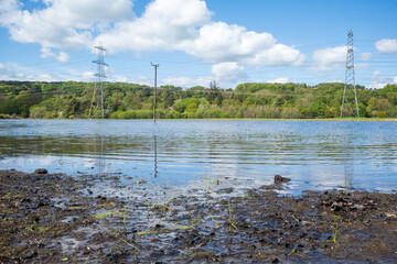 Newburn UK: 24th May 2021: Flooded farmland at Throckley Reef (Reigh) in North England. Flooded...