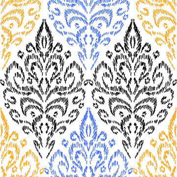 Embroidered seamless damask pattern. Bohemian print ogee for home decor, scrapbooking, pillows, carpets. Vector illustration.