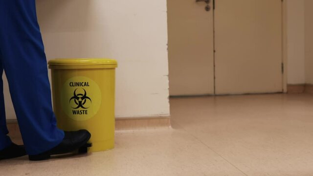 Closeup Clip Of Health Worker Footstep The Clinical Waste Bin 