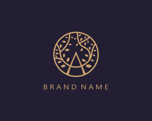 logo initials letter A. logo nature. elegant and luxurious gold texture. A combination design of the letter A and nature trees. for corporate brands. modern, simple and unique logo template.