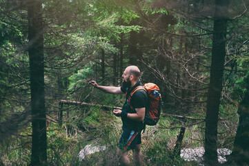 Stylish hipster man with backpack looking at amazing forest and mountains in summer, travel concept, space for text.