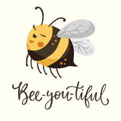 Cute cartoon beautiful bee illustration design with lettering funny quote. Insect love animal bumblebee honey greeting card. My honey.