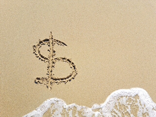 Dollar sign in the sand is washed away by the wave. Template Copy space for text