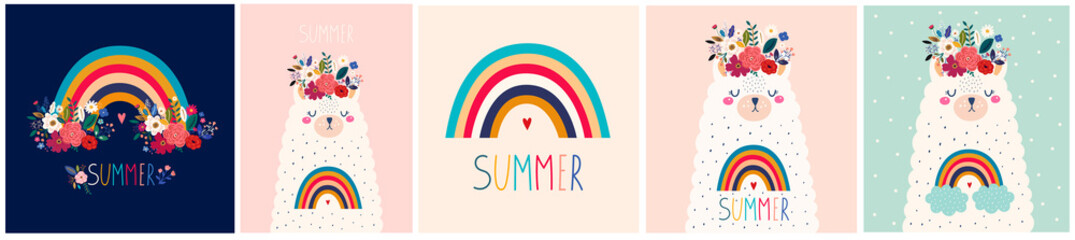 Baby design with cute llama and rainbow. Vector illustration with cute animal lama, alpaca. Nursery baby illustration © moleskostudio