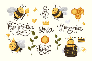 Fototapeta premium Cartoon honey bee nature graphic set. Lettering positive cute design with text quote.
