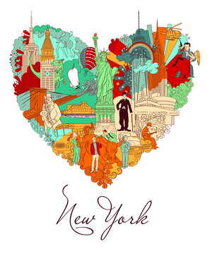 New York. Colorful vector illustration. Linear art in detail, with lots of background objects.