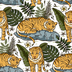 Jungle tiger exotic tropical seamless pattern. Animal floral nature fabric illustration. Textile palm leaf tropic print design.