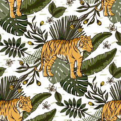 Jungle tiger exotic tropical seamless pattern. Animal floral nature fabric illustration. Textile palm leaf tropic print design.