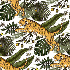 Jungle tiger exotic tropical seamless pattern. Animal floral nature fabric illustration. Textile palm leaf tropic print design.