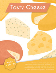 Swiss or French cheese vector flat poster concept. Gouda, Parmesan, Brie, Roquefort or Maasdam cheese.