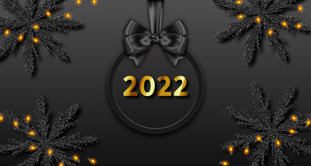 Happy New Year 2022, Dark Background with Sparkling Garlands and Snowflakes