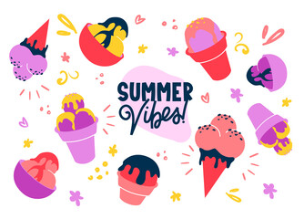 Bright summer background with ice creams.