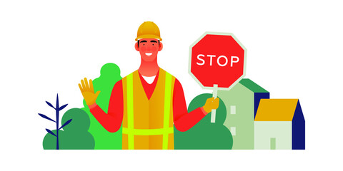 Male Worker in Uniform, Construction Helmet Hold Stop Sign in Front of Nature and City Background. Modern Flat Vector Illustration. Social Media Template.