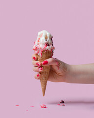 A female hand holds an ice cream cone with cherry jam in a waffle glass on a pink background. Ice...