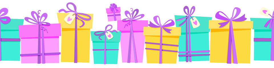 seamless border of bright gift boxes.  isolated vector image of gift boxes tied with ribbons with bows.