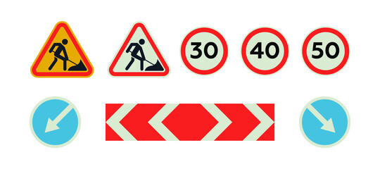 Various Arrow Road Signs, Road Work Signs, Speed 30, 40, 50 Limit Sign. Modern Flat Vector Illustration. Social Media Template.